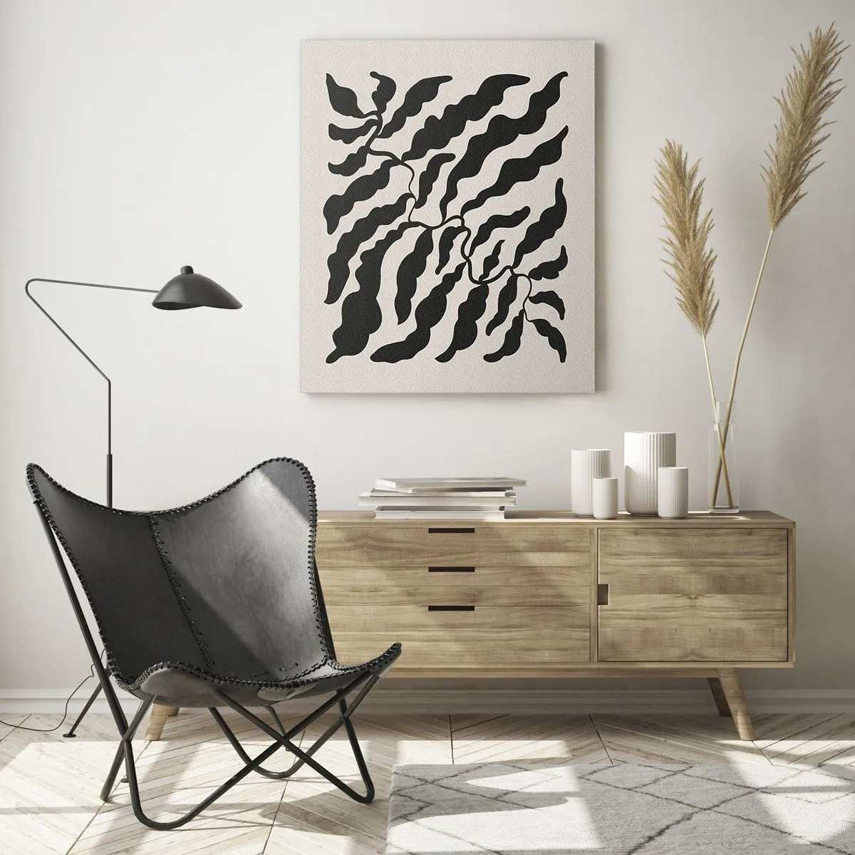 Glasbild - Bild auf glas - Botanisches Kunstwerk mit organischen schwarzen Blättern - 50x70cm - Natur des Quadrats - Moderne Wanddekoration für Wohnzimmer und Schlafzimmer ARTTOR