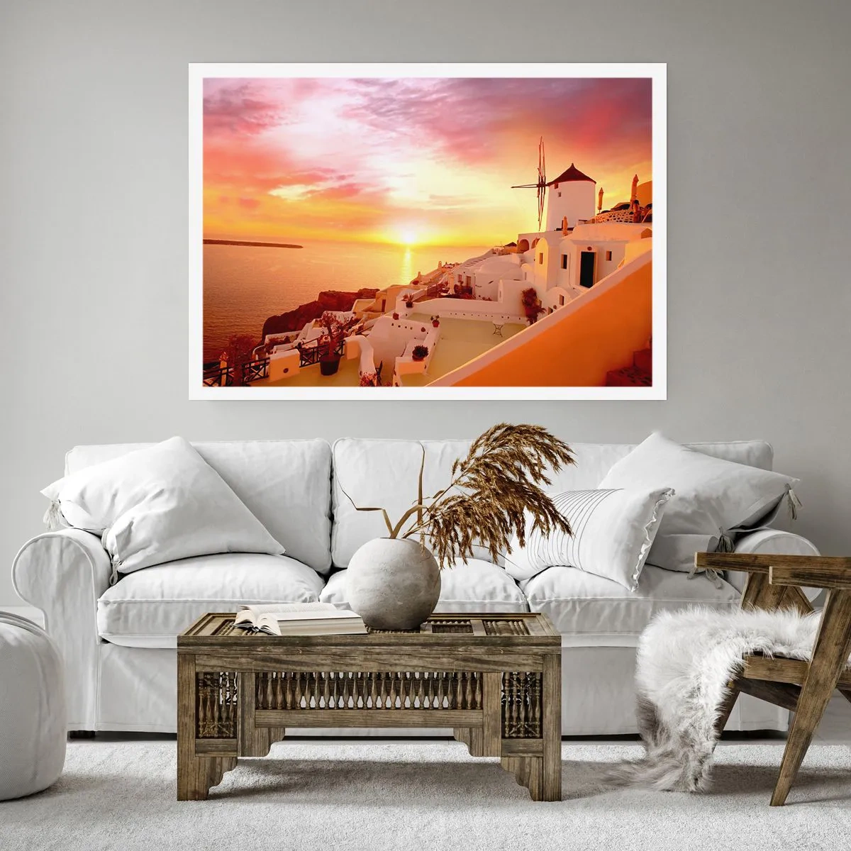 Poster - Santorini bei Sonnenuntergang mit einer Windmühle - 100x70cm - In Weiß und Gold schmelzen - Moderne Wanddekoration für Wohnzimmer und Schlafzimmer ARTTOR