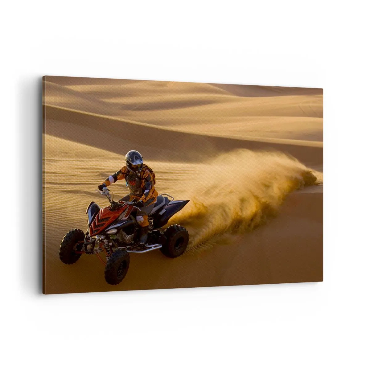 Bild auf Leinwand - Leinwandbild - Ein Motorradfahrer auf einem Quad rast über die Sanddünen der Wüste - 100x70cm - Auf den Sandwellen - Moderne Wanddekoration für Wohnzimmer und Schlafzimmer ARTTOR