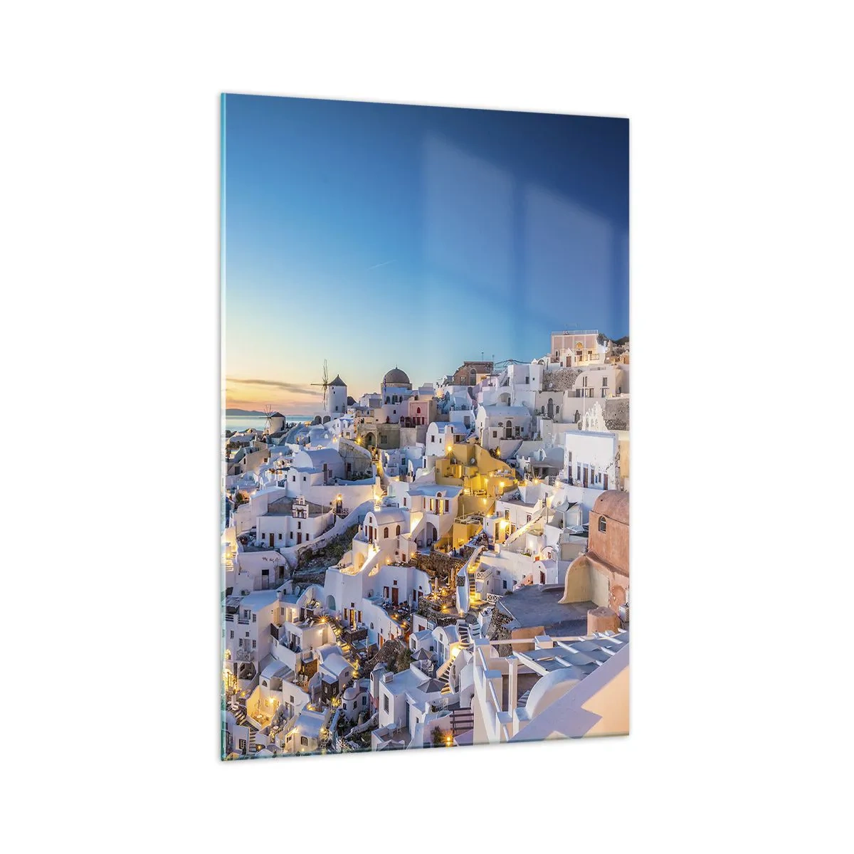 Glasbild - Bild auf glas - Blick auf eine griechische Stadt bei Sonnenuntergang - 70x100cm - Die Essenz des Griechischen - Moderne Wanddekoration für Wohnzimmer und Schlafzimmer ARTTOR