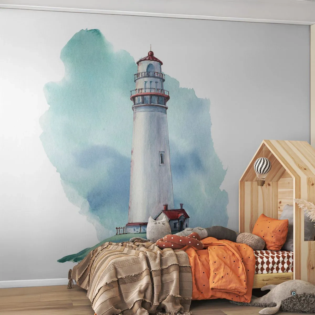 Fototapete Premium Sand - Aquarell-Illustration eines Leuchtturms gegen den Himmel - 100x70cm - Sanfte Schwester vom Blau - Moderne Wanddekoration für Wohnzimmer und Schlafzimmer ARTTOR