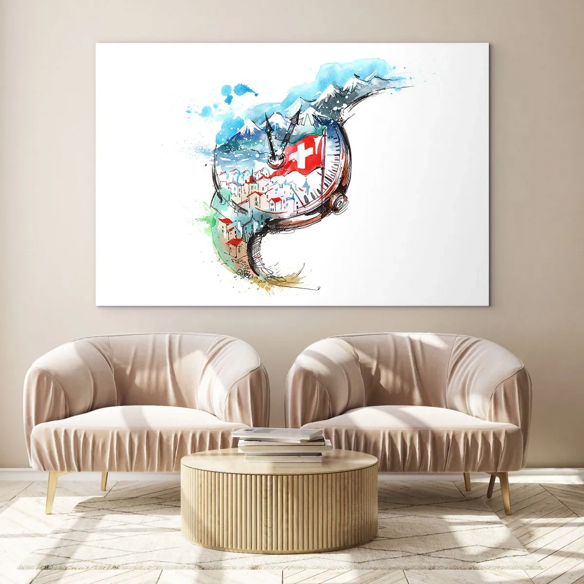 Glasbild - Bild auf glas - Aquarell einer Schweizer Landschaft mit einer Flagge und einer Uhr - 100x70cm - Der Geist der Schweiz - Moderne Wanddekoration für Wohnzimmer und Schlafzimmer ARTTOR