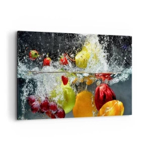 Bild auf Leinwand - Leinwandbild - Bunte Früchte im Wasser bei dynamischer Immersion - 120x80cm - Fruchterfrischung - Moderne Wanddekoration für Wohnzimmer und Schlafzimmer ARTTOR