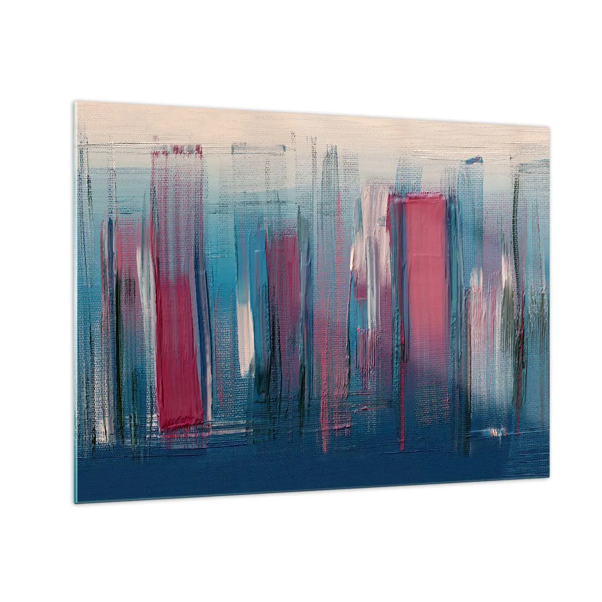 Glasbild - Bild auf glas - Vertikale Pinselstriche in Rot und Blau auf beigem Hintergrund - 70x50cm - Vertikale Komposition in Blau und Rot - Moderne Wanddekoration für Wohnzimmer und Schlafzimmer ARTTOR