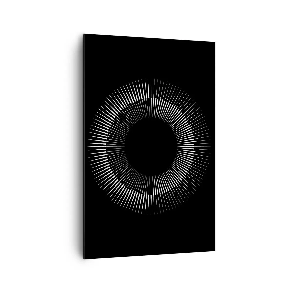 Bild auf Leinwand - Leinwandbild - Grafischer Kreis mit Strahlen in Schwarz und Weiß - 80x120cm - Schwarze Sonne - Moderne Wanddekoration für Wohnzimmer und Schlafzimmer ARTTOR