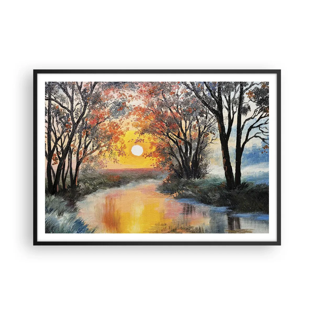 Poster in einem schwarzem Rahmen - Sonnenuntergang über dem Fluss in einer Herbstlandschaft - 100x70cm - Herbststimmung - Moderne Wanddekoration für Wohnzimmer und Schlafzimmer ARTTOR