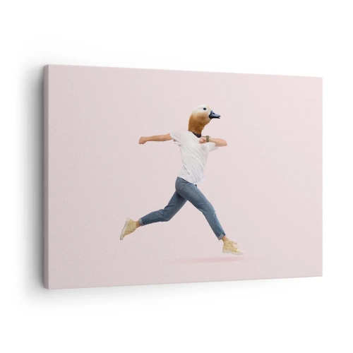 Bild auf Leinwand - Leinwandbild - Eine surrealistische Figur mit einem Entenkopf in Bewegung - 70x50cm - Eine Prise Absurdität - Moderne Wanddekoration für Wohnzimmer und Schlafzimmer ARTTOR