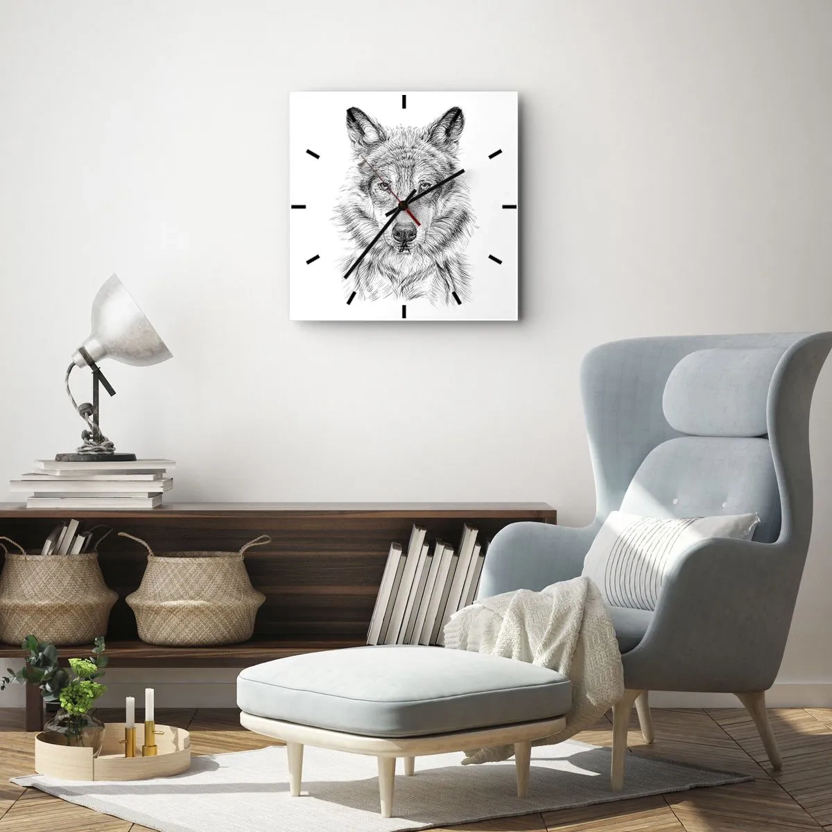 Wanduhr - Glasuhr - Skizze eines Wolfskopfes im monochromen Stil auf weißem Hintergrund - 30x30cm - Ein geborener Anführer - Moderne Wanddekoration für Wohnzimmer und Schlafzimmer ARTTOR