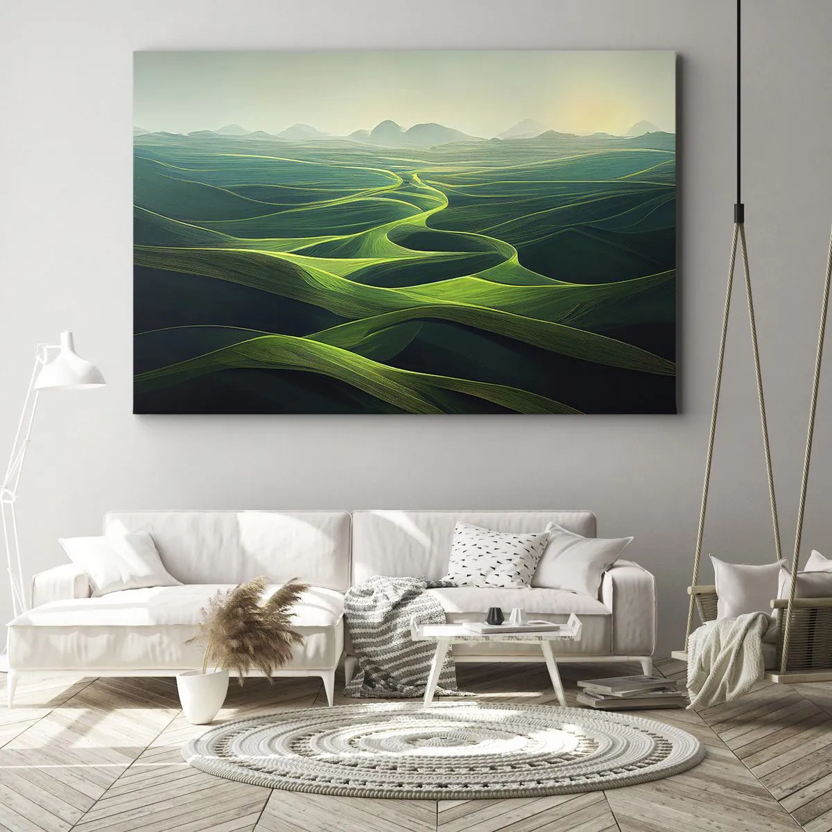 Bild auf Leinwand - Leinwandbild - Grüne Hügel mit sanften Pfaden - 70x50cm - In den grünen Tälern - Moderne Wanddekoration für Wohnzimmer und Schlafzimmer ARTTOR