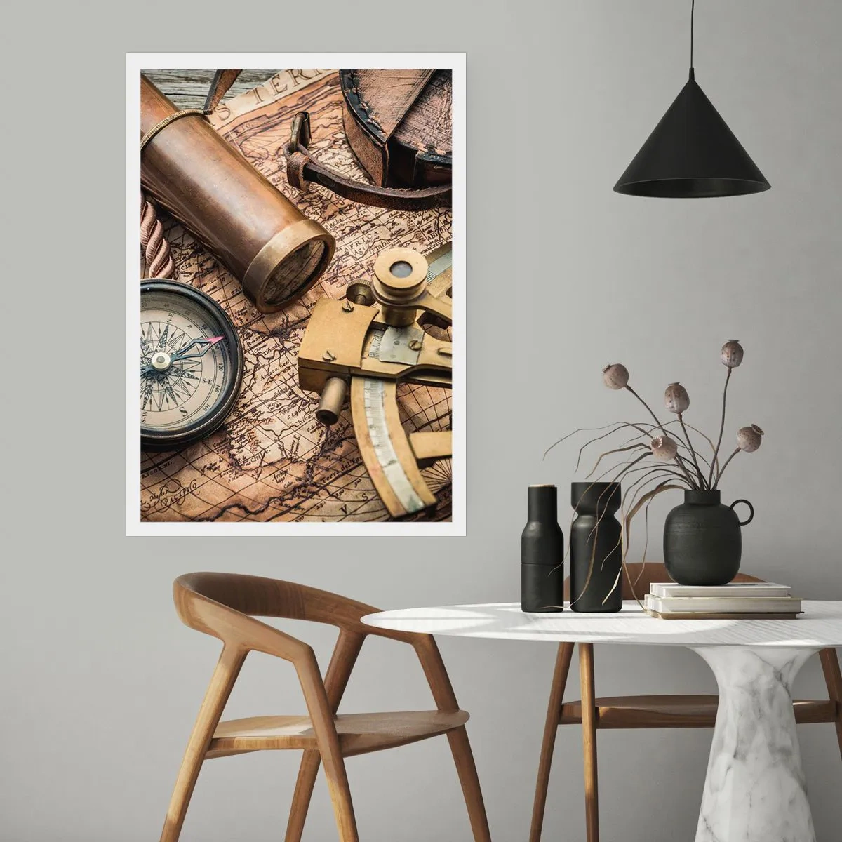 Poster - Navigationsset mit Karte, Kompass und Sextant - 50x70cm - Setze Sie einen Kurs - Moderne Wanddekoration für Wohnzimmer und Schlafzimmer ARTTOR