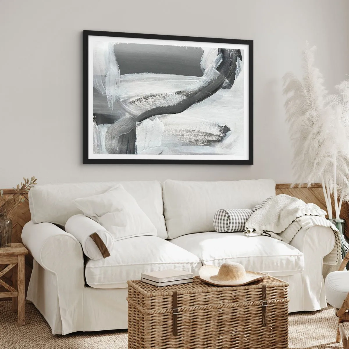 Poster in einem schwarzem Rahmen - Grau-weiße Abstraktion mit dynamischen Linien - 70x50cm - Entscheidender Schritt - Moderne Wanddekoration für Wohnzimmer und Schlafzimmer ARTTOR