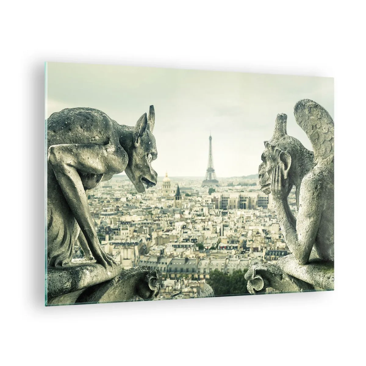 Glasbild - Bild auf glas - Wasserspeier über Paris mit Blick auf den Eiffelturm - 70x50cm - Pariser Plaudern - Moderne Wanddekoration für Wohnzimmer und Schlafzimmer ARTTOR