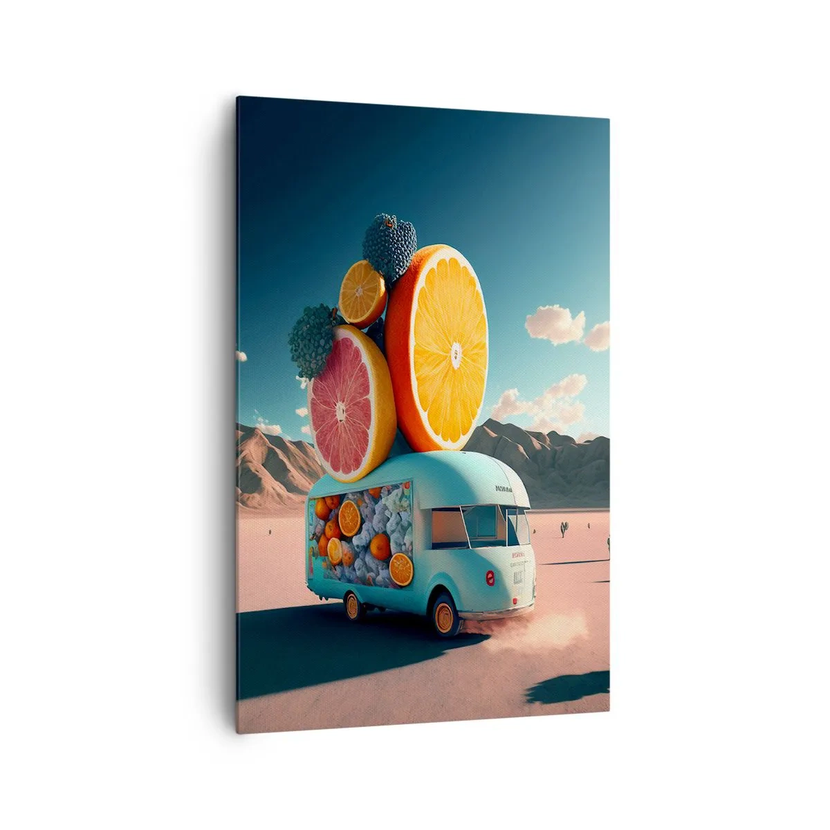 Bild auf Leinwand - Leinwandbild - Obstwagen in einer Wüstenlandschaft - 80x120cm - Geschmack von Urlaub - Moderne Wanddekoration für Wohnzimmer und Schlafzimmer ARTTOR