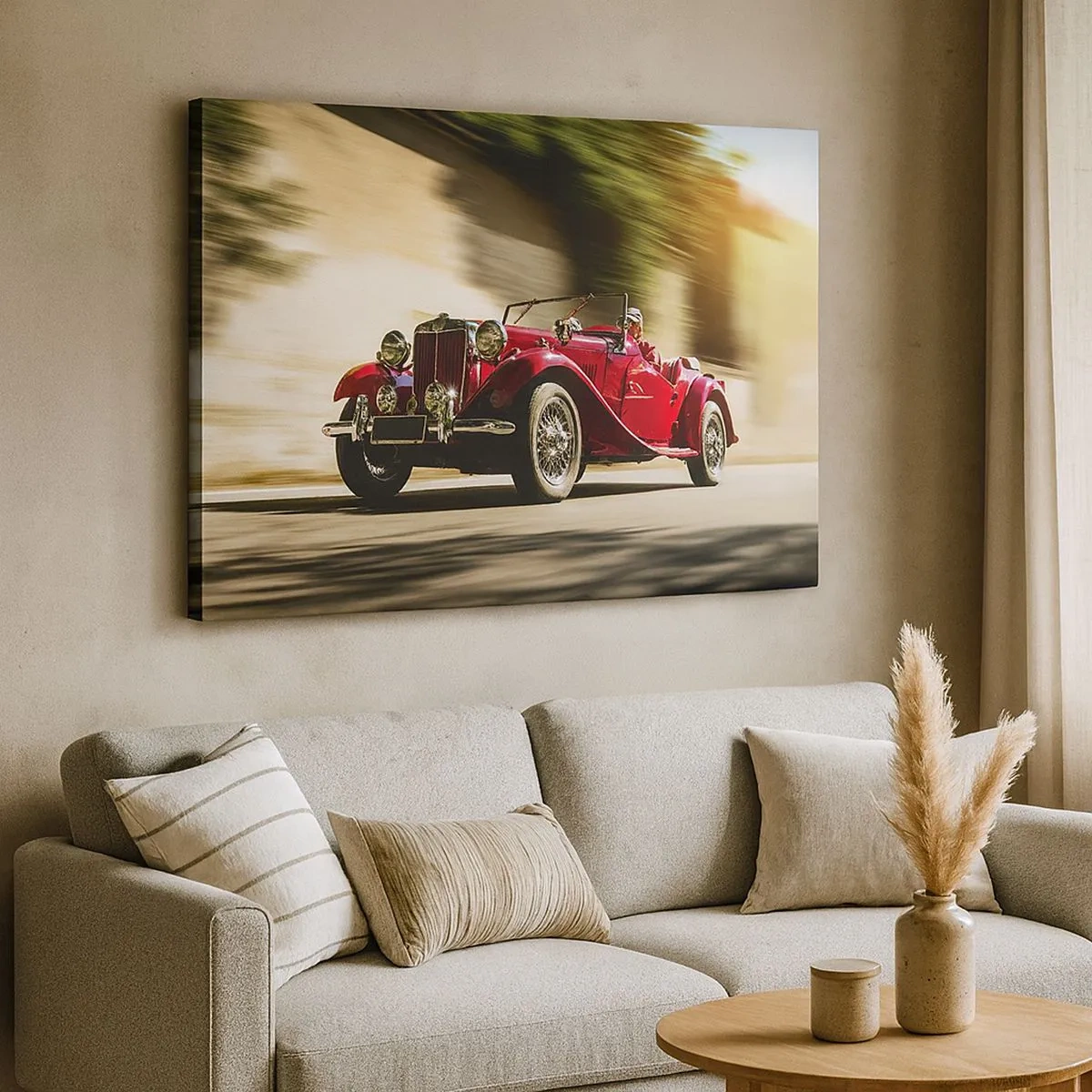 Bild auf Leinwand - Leinwandbild - Roter Oldtimer in Bewegung auf einer sonnigen Straße - 70x50cm - Schöner als Nike von Samothrake - Moderne Wanddekoration für Wohnzimmer und Schlafzimmer ARTTOR