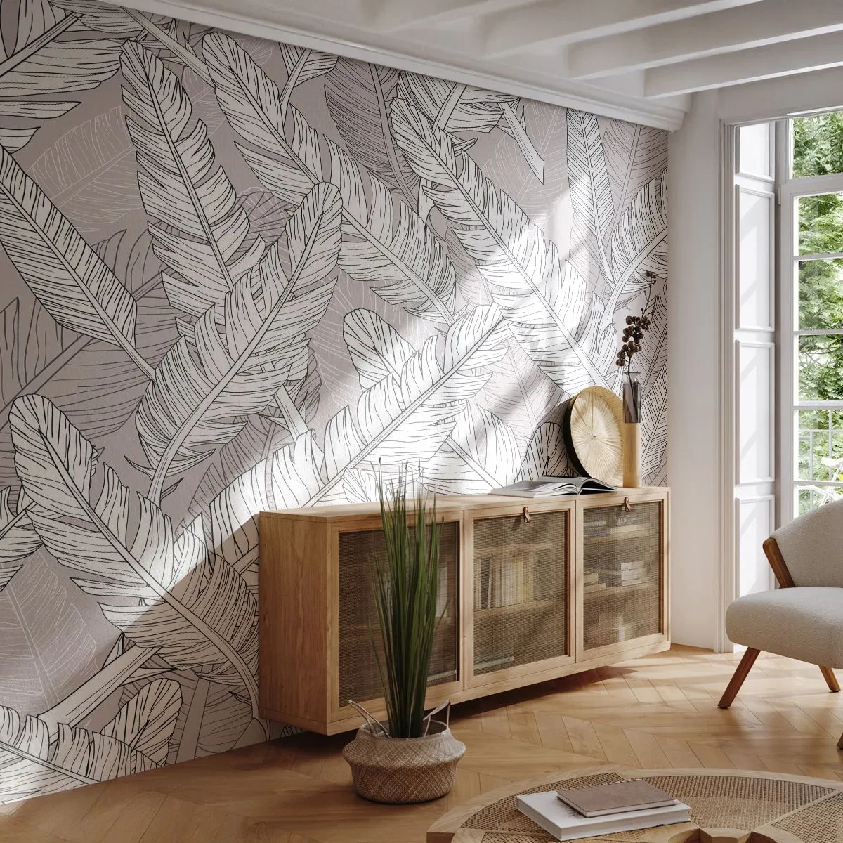 Fototapete Premium Sand - Schwarz-weiße Bananenblätter auf beigem Hintergrund - 100x70cm - Ein Federwirbel - Moderne Wanddekoration für Wohnzimmer und Schlafzimmer ARTTOR
