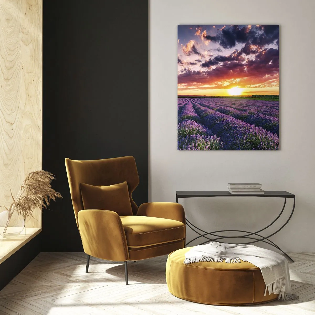 Glasbild - Bild auf glas - Ein Lavendelfeld bei Sonnenuntergang mit einem farbenfrohen Himmel - 80x120cm - Lavendel Welt - Moderne Wanddekoration für Wohnzimmer und Schlafzimmer ARTTOR