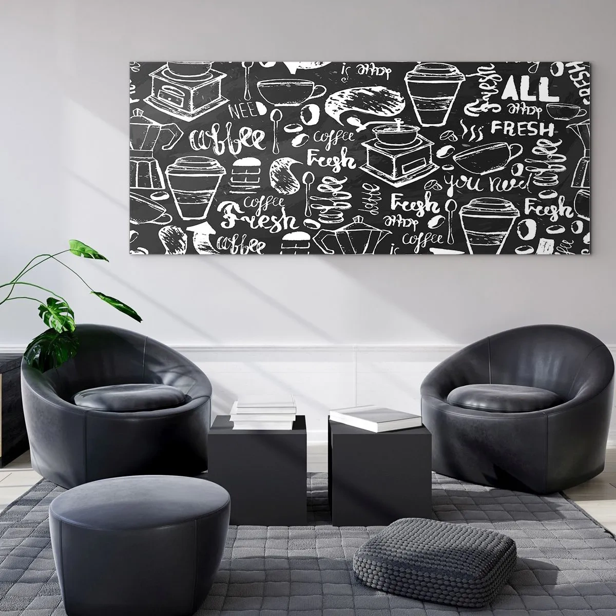 Glasbild - Bild auf glas - Stilvolle Kaffeegrafik auf schwarzem Hintergrund - 160x50cm - Alles was Sie brauchen ist… - Moderne Wanddekoration für Wohnzimmer und Schlafzimmer ARTTOR