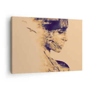 Bild auf Leinwand - Leinwandbild - Profil einer Frau mit der Natur im Hintergrund in warmen Tönen - 70x50cm - Von Natur aus schön - Moderne Wanddekoration für Wohnzimmer und Schlafzimmer ARTTOR
