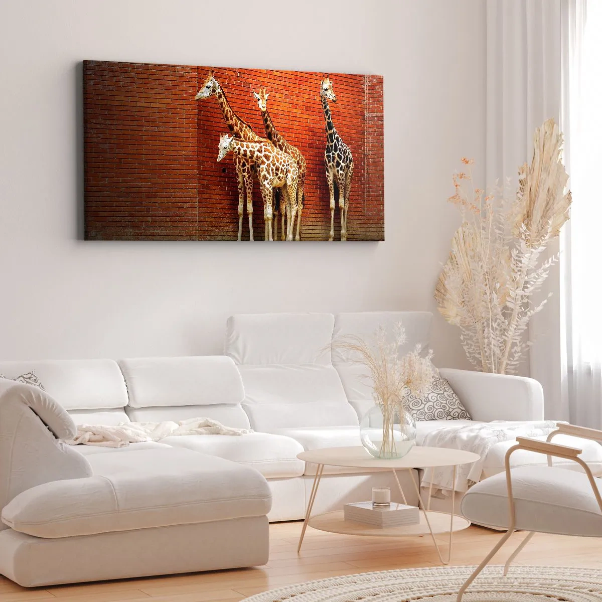 Bild auf Leinwand - Leinwandbild - Vier Giraffen vor einer Ziegelwand in künstlerischer Umgebung - 140x50cm - Sehen Sie Akazien? - Moderne Wanddekoration für Wohnzimmer und Schlafzimmer ARTTOR