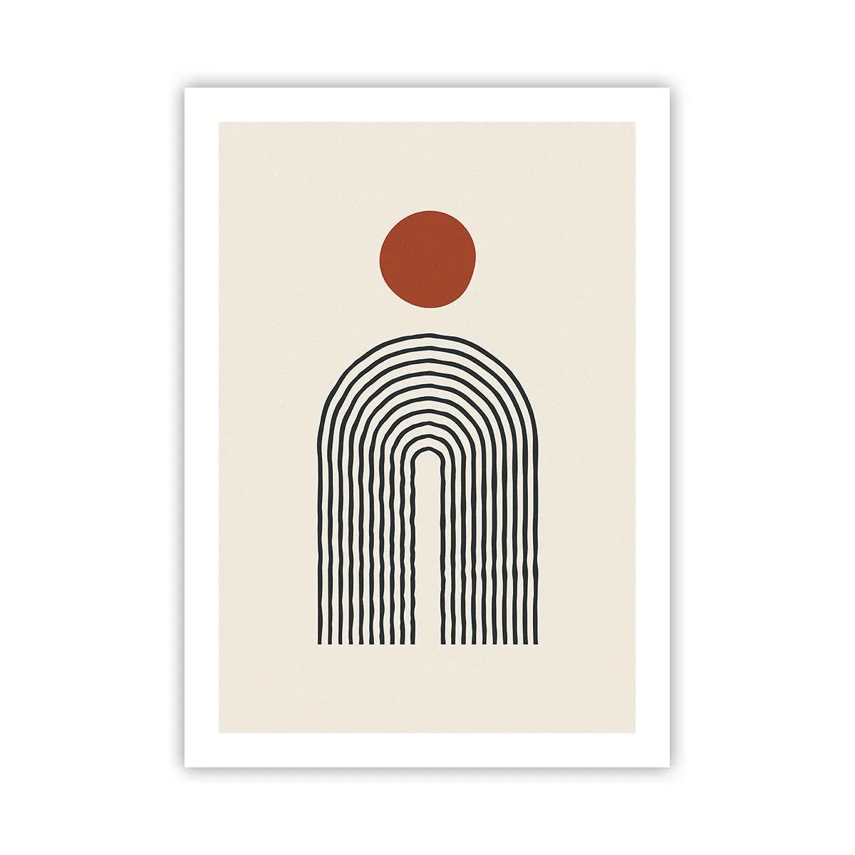 Poster - Geometrische Abstraktion mit einem linearen Bogen und einem roten Kreis. - 50x70cm - Magnetismus von Formen und Farben - Moderne Wanddekoration für Wohnzimmer und Schlafzimmer ARTTOR