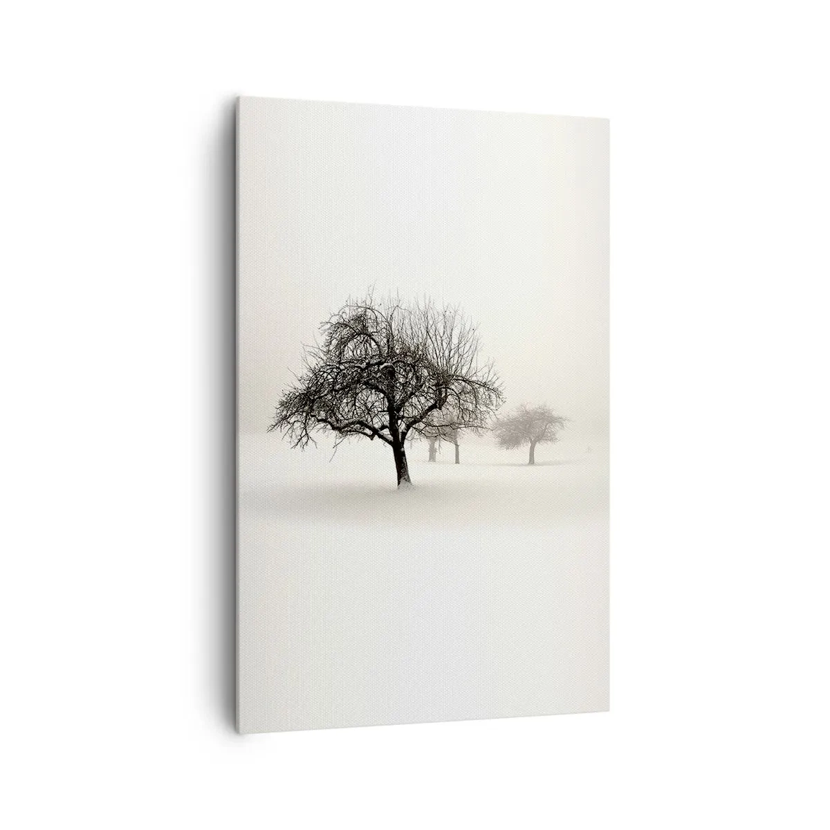 Bild auf Leinwand - Leinwandbild - Bäume auf einem schneebedeckten Feld, umgeben von Nebel - 80x120cm - Winterschlaf - Moderne Wanddekoration für Wohnzimmer und Schlafzimmer ARTTOR