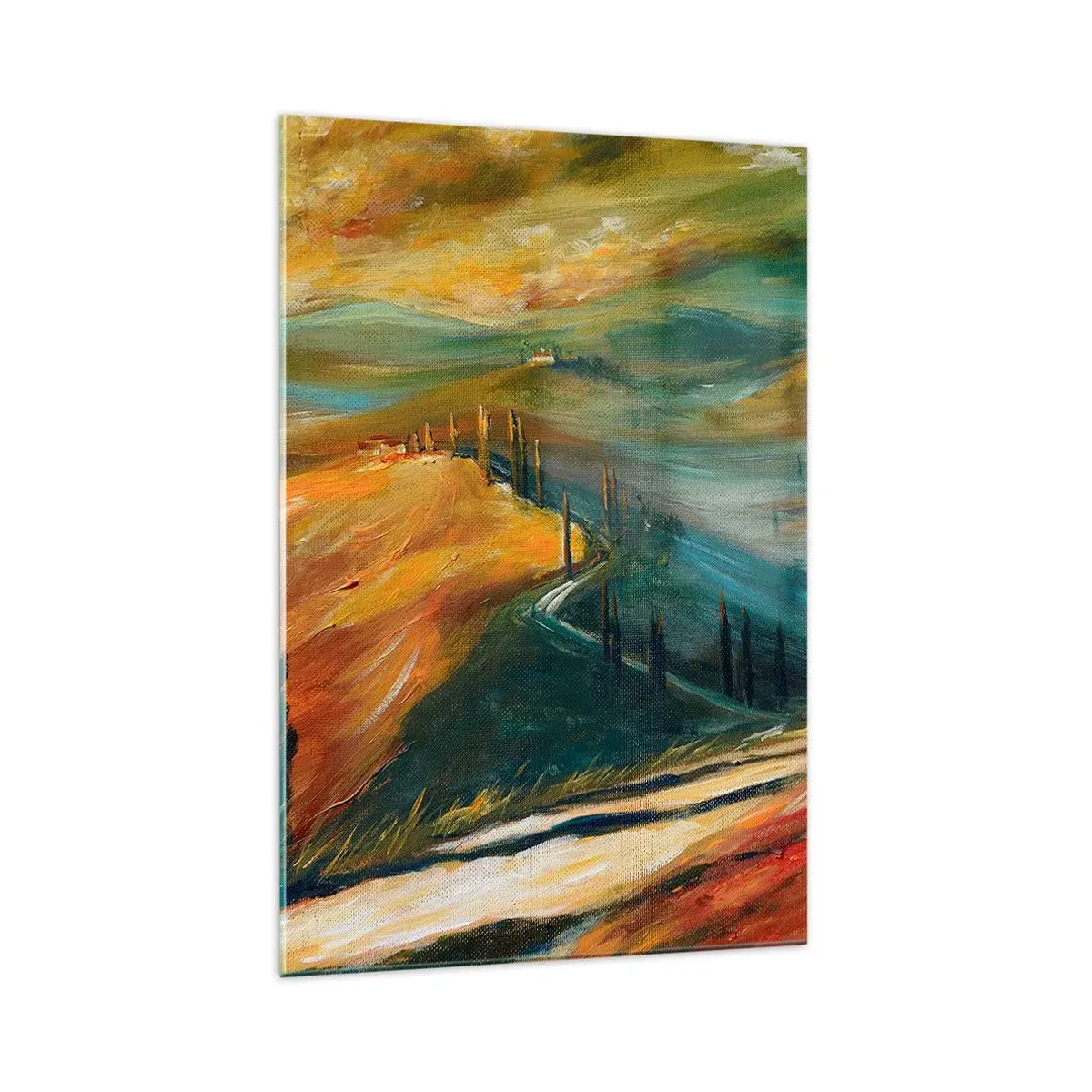 Glasbild - Bild auf glas - Toskanische Landschaft mit Feldern, Straße und Zypressen - 70x100cm - Toskanische Landschaft - Moderne Wanddekoration für Wohnzimmer und Schlafzimmer ARTTOR