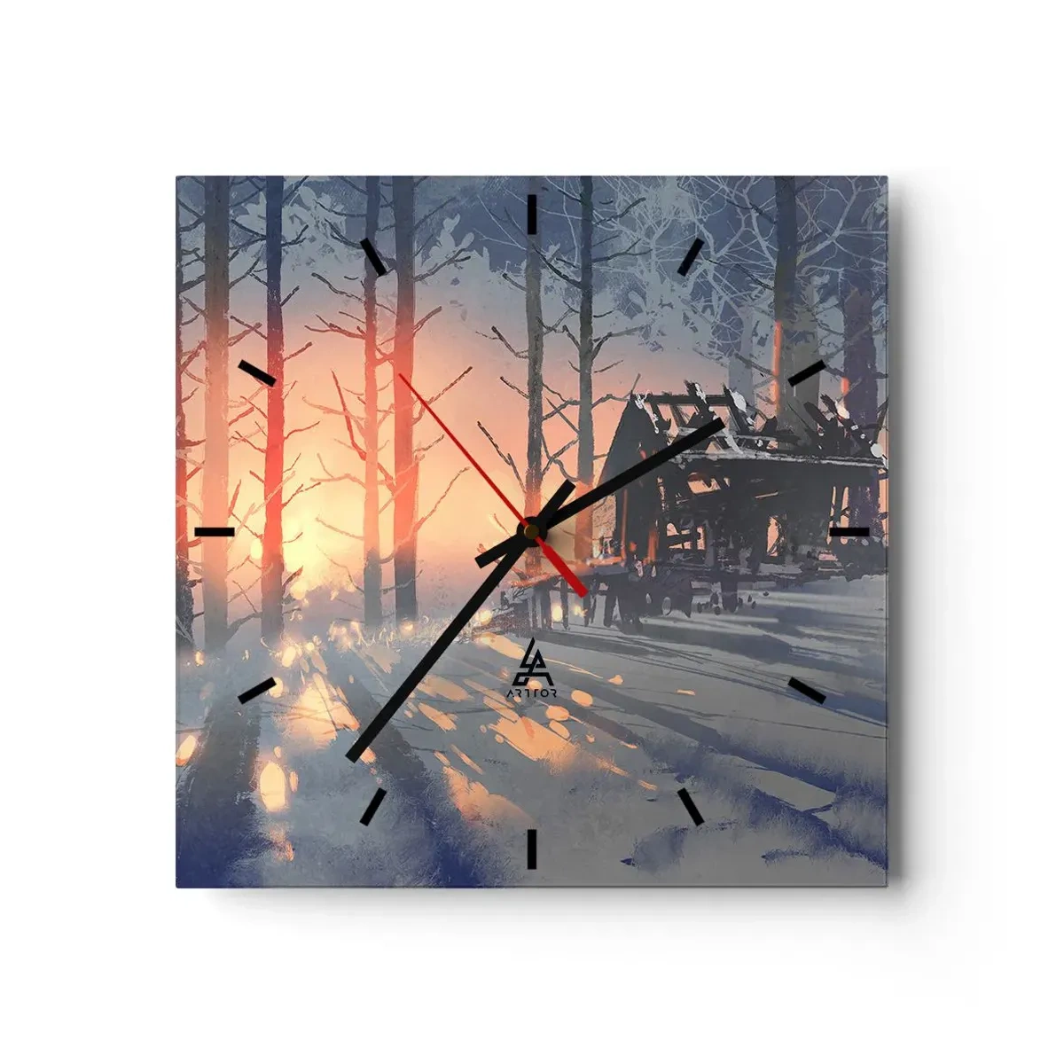Wanduhr - Glasuhr - Ein Waldhäuschen in einer Winterlandschaft mit den Strahlen der untergehenden Sonne - 30x30cm - Hier sieht nur die Sonne rein - Moderne Wanddekoration für Wohnzimmer und Schlafzimmer ARTTOR