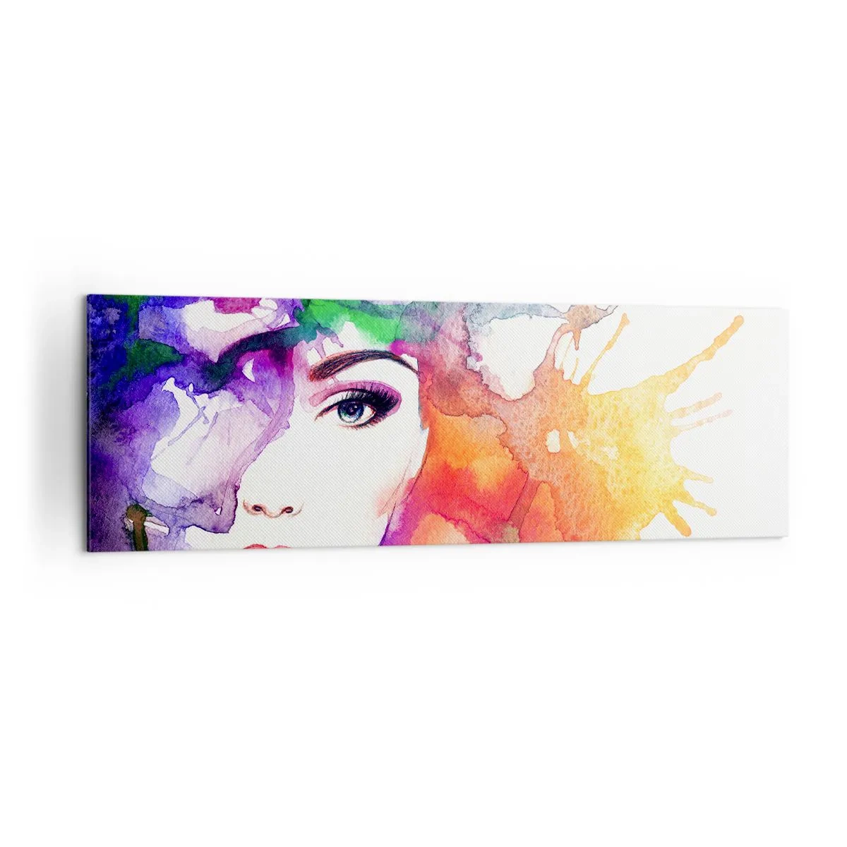 Bild auf Leinwand - Leinwandbild - Porträt einer Frau in Aquarellfarben mit abstrakten Flecken - 160x50cm - Mit dem Kopf in den Wolken - Moderne Wanddekoration für Wohnzimmer und Schlafzimmer ARTTOR