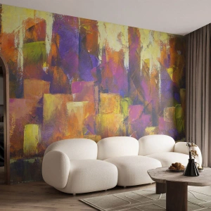 Fototapete Premium Sand - Eine abstrakte Stadt in Lila-, Orange- und Goldtönen. - 100x70cm - Metropolitische Komposition - Moderne Wanddekoration für Wohnzimmer und Schlafzimmer ARTTOR