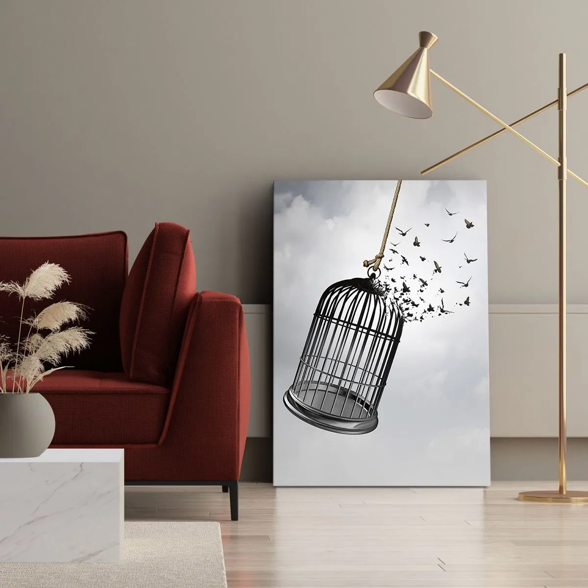 Bild auf Leinwand - Leinwandbild - Vögel fliegen aus einem Käfig gegen den Himmel - 50x70cm - Glaube ... Hoffnung ... Freiheit! - Moderne Wanddekoration für Wohnzimmer und Schlafzimmer ARTTOR