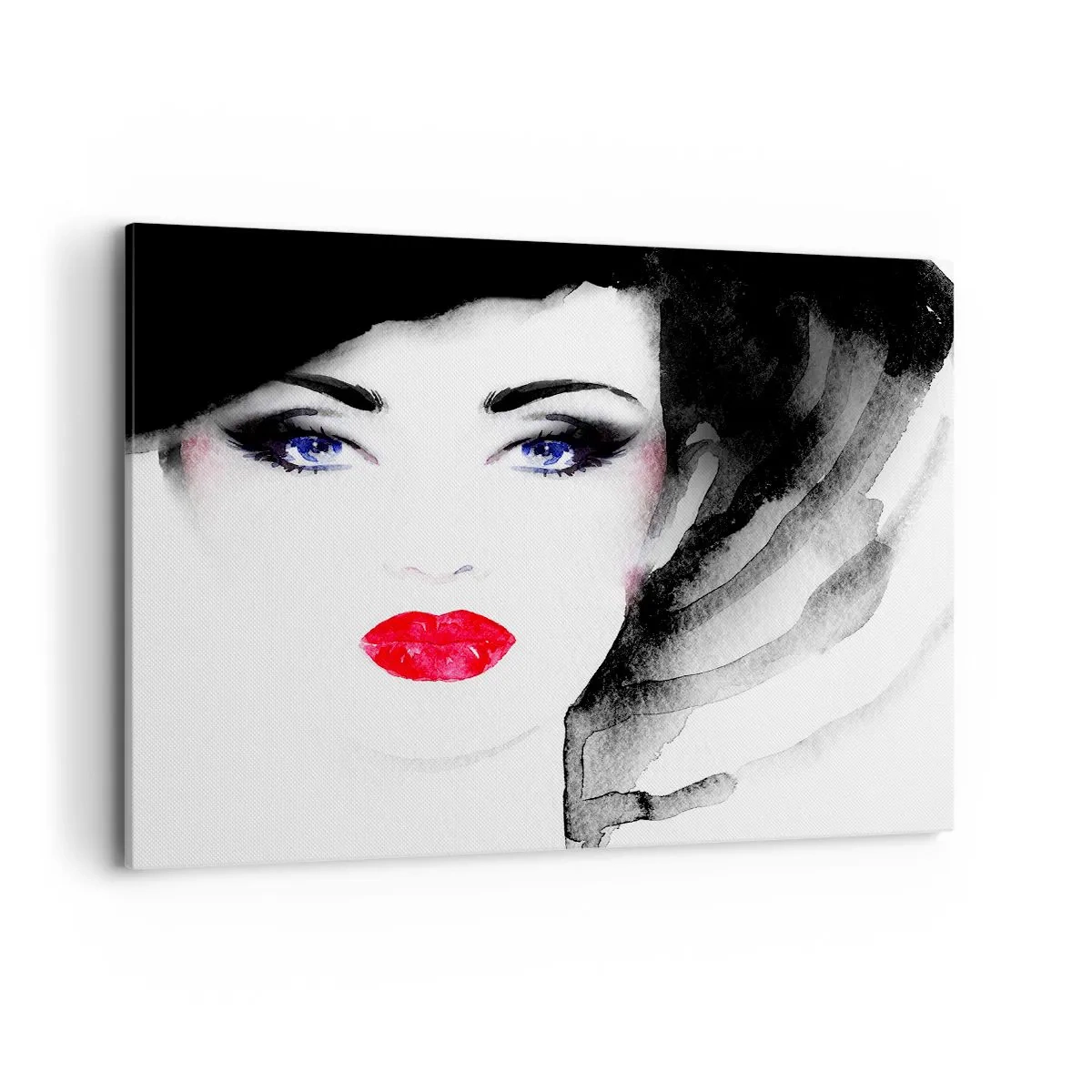 Bild auf Leinwand - Leinwandbild - Porträt einer Frau mit roten Lippen und intensiven blauen Augen - 100x70cm - Er drückt zurück und ruft an - Moderne Wanddekoration für Wohnzimmer und Schlafzimmer ARTTOR
