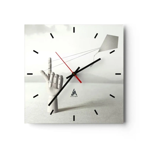 Wanduhr - Glasuhr - Eine minimalistische Holzhand mit einem Drachen vor einem Landschaftshintergrund. - 30x30cm - Kraftprobe - Moderne Wanddekoration für Wohnzimmer und Schlafzimmer ARTTOR
