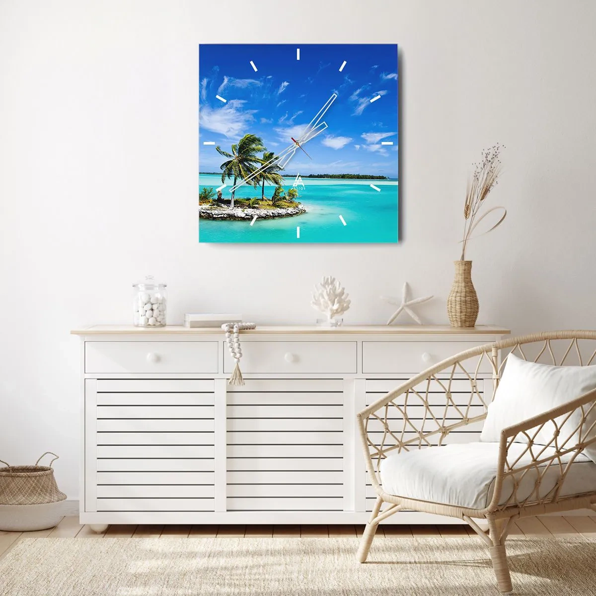 Wanduhr - Glasuhr - Eine exotische Insel mit Palmen auf türkisfarbenem Wasser - 30x30cm - Ein Paradies auf Erden - Moderne Wanddekoration für Wohnzimmer und Schlafzimmer ARTTOR