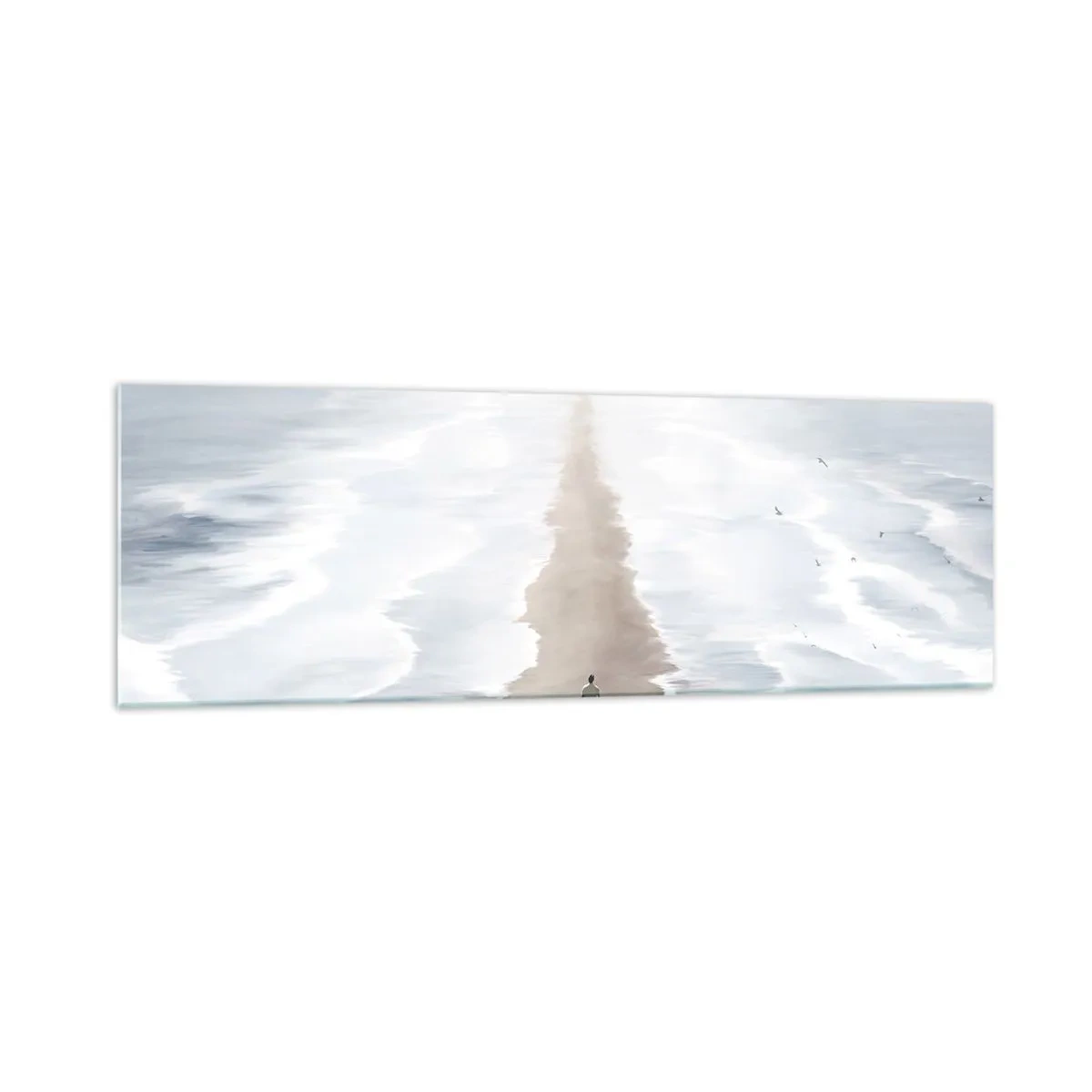 Glasbild - Bild auf glas - Eine Figur auf einer einsamen Straße inmitten einer weiten Wasserlandschaft - 160x50cm - Glänzende Zukunft - Moderne Wanddekoration für Wohnzimmer und Schlafzimmer ARTTOR