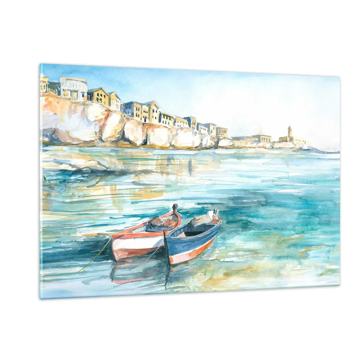 Glasbild - Bild auf glas - Eine aquamarinblaue Bucht mit Booten und Gebäuden auf der Klippe - 120x80cm - Landschaft in Azurblau - Moderne Wanddekoration für Wohnzimmer und Schlafzimmer ARTTOR