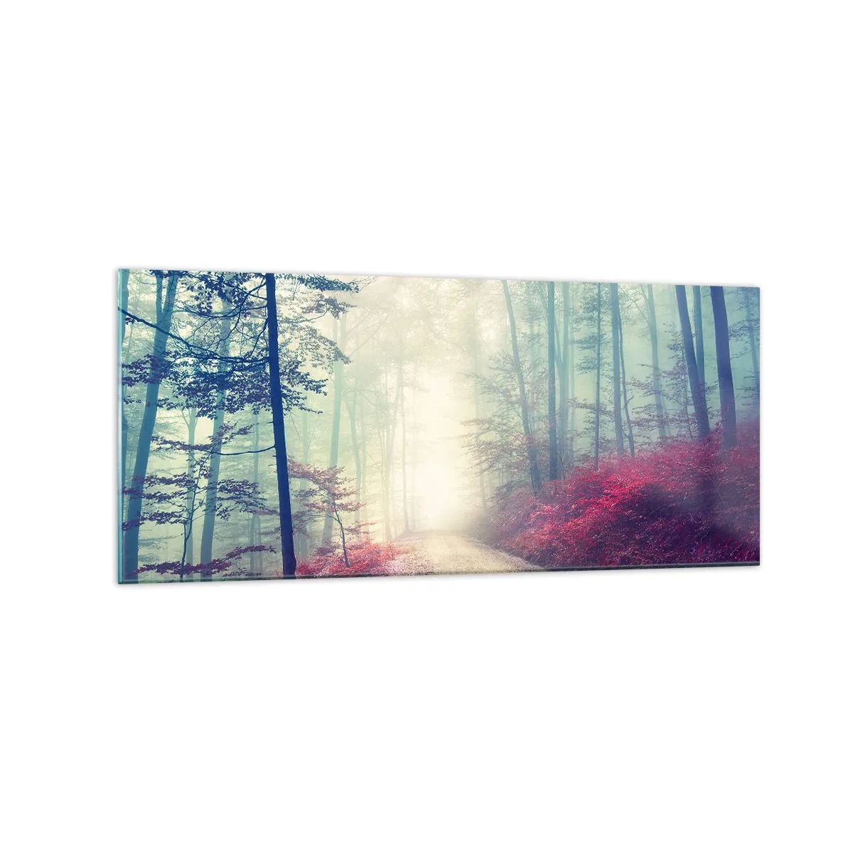 Glasbild - Bild auf glas - Ein magischer Waldweg, umgeben von Bäumen und Nebel - 120x50cm - Wie gut ist es, im Morgengrauen aufzustehen - Moderne Wanddekoration für Wohnzimmer und Schlafzimmer ARTTOR