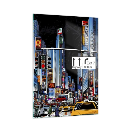 Glasbild - Bild auf glas - Eine belebte Straße mit gelben Taxis und Neonschildern - 50x70cm - Comicbuch große Nacht - Moderne Wanddekoration für Wohnzimmer und Schlafzimmer ARTTOR