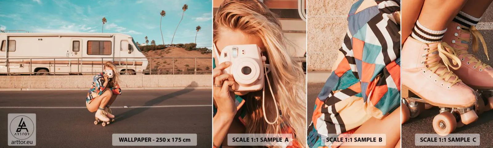 Fototapetenmuster Standard Eco - Lächel bitte! - Landschaft, Wohnmobil, Frau - 100x30 cm