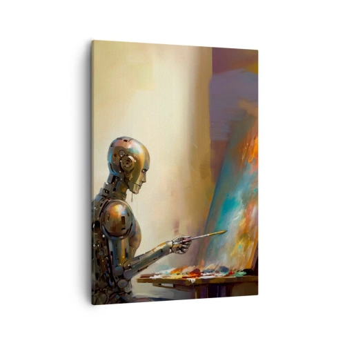 Bild auf Leinwand - Leinwandbild - Ein Roboter, der im künstlerischen Stil auf einer Leinwand malt - 50x70cm - Die Kunst der Zukunft - Moderne Wanddekoration für Wohnzimmer und Schlafzimmer ARTTOR