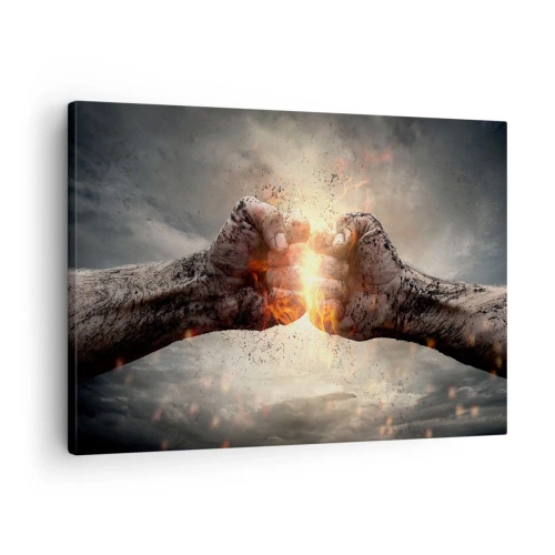 Bild auf Leinwand - Leinwandbild - Geballte Fäuste in einer dynamischen Brandszene - 70x50cm - Steh auf für einen Kampf - Moderne Wanddekoration für Wohnzimmer und Schlafzimmer ARTTOR