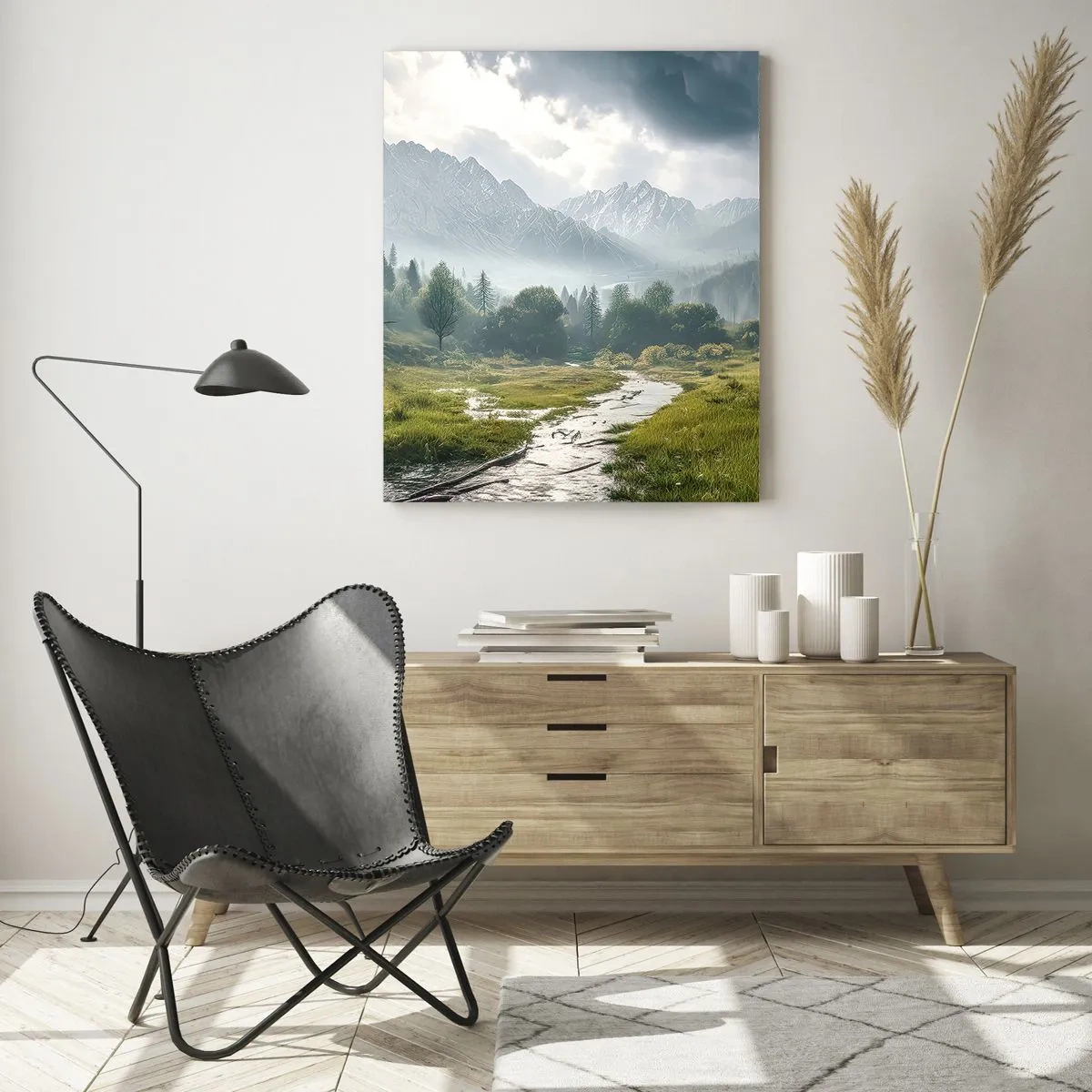 Glasbild - Bild auf glas - Eine Berglandschaft mit einem Bach und einem grünen Tal am Morgen - 50x70cm - Hin und zurück - Moderne Wanddekoration für Wohnzimmer und Schlafzimmer ARTTOR