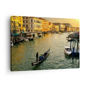 Bild auf Leinwand - Leinwandbild - Gondel auf einem Kanal in Venedig bei Sonnenuntergang - 70x50cm - Auf der Sonnenseite der Straße - Moderne Wanddekoration für Wohnzimmer und Schlafzimmer ARTTOR
