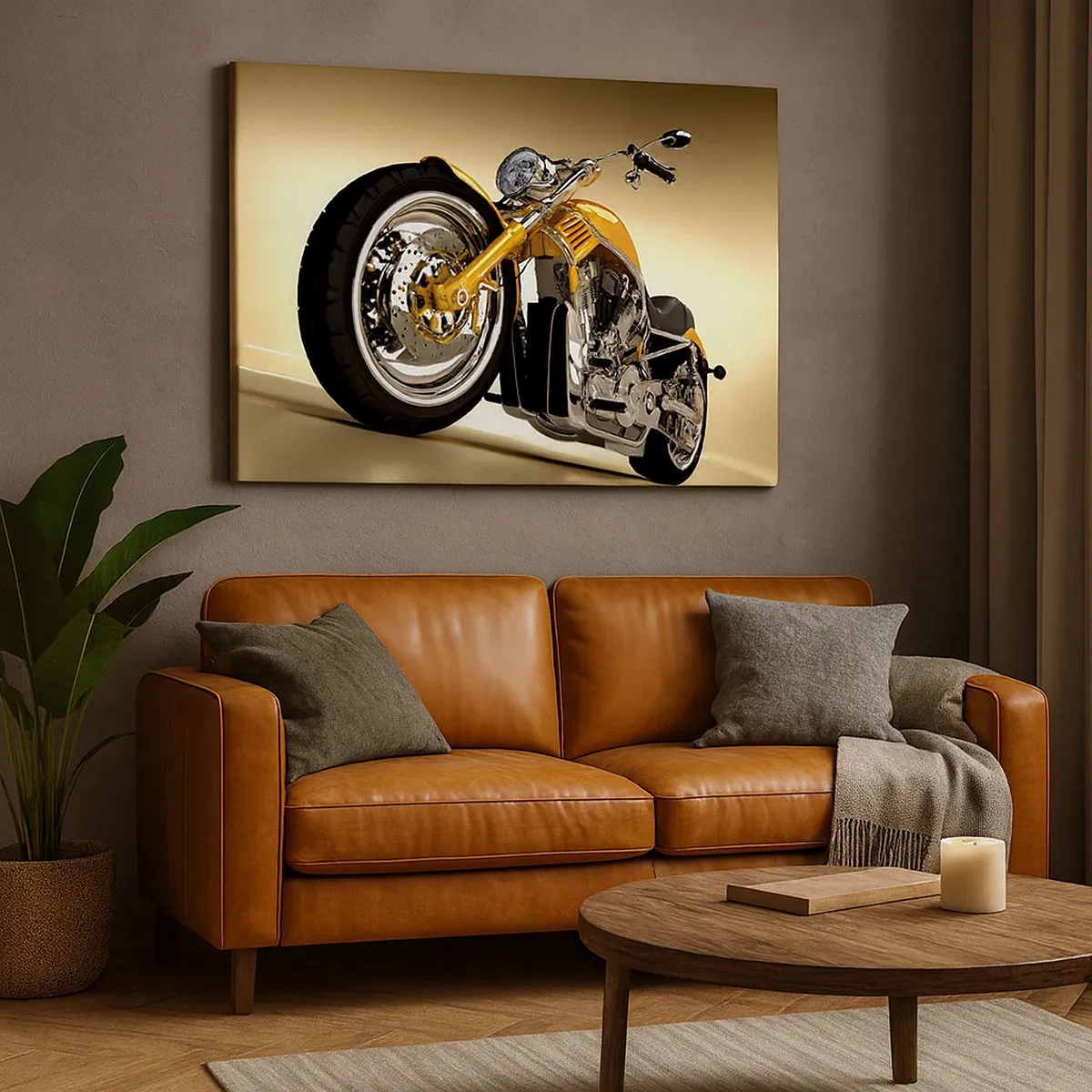 Bild auf Leinwand - Leinwandbild - Ein gelbes Motorrad im Chopper-Stil vor einer beigen Wand - 70x50cm - Ein Traum von Kraft und Geschwindigkeit - Moderne Wanddekoration für Wohnzimmer und Schlafzimmer ARTTOR