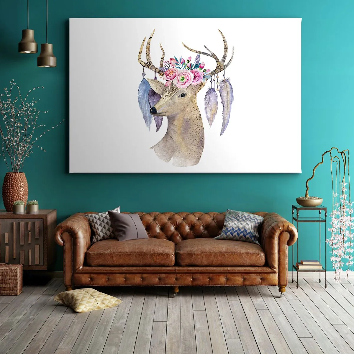 Bild auf Leinwand - Leinwandbild - Romantische Hirschgrafik mit Blumen und Federn - 100x70cm - Seelenführer - sanft, unschuldig - Moderne Wanddekoration für Wohnzimmer und Schlafzimmer ARTTOR