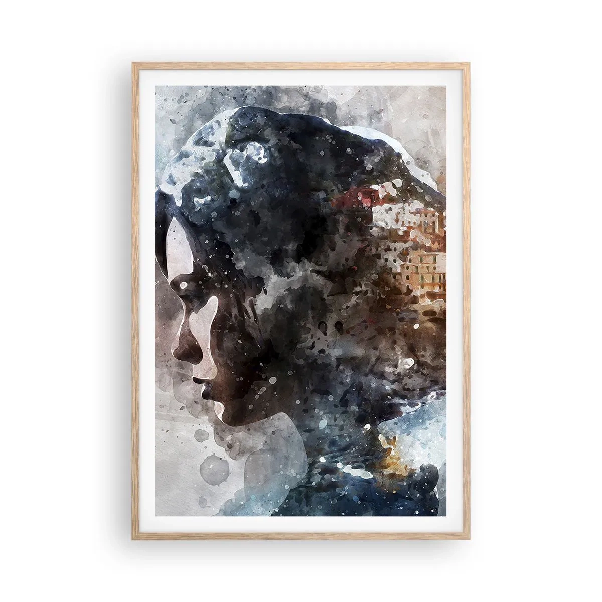 Poster in einem Rahmen aus heller Eiche - Eine Geschichte über ein Mädchen mit einer Stadt im Hintergrund - 70x100 cm