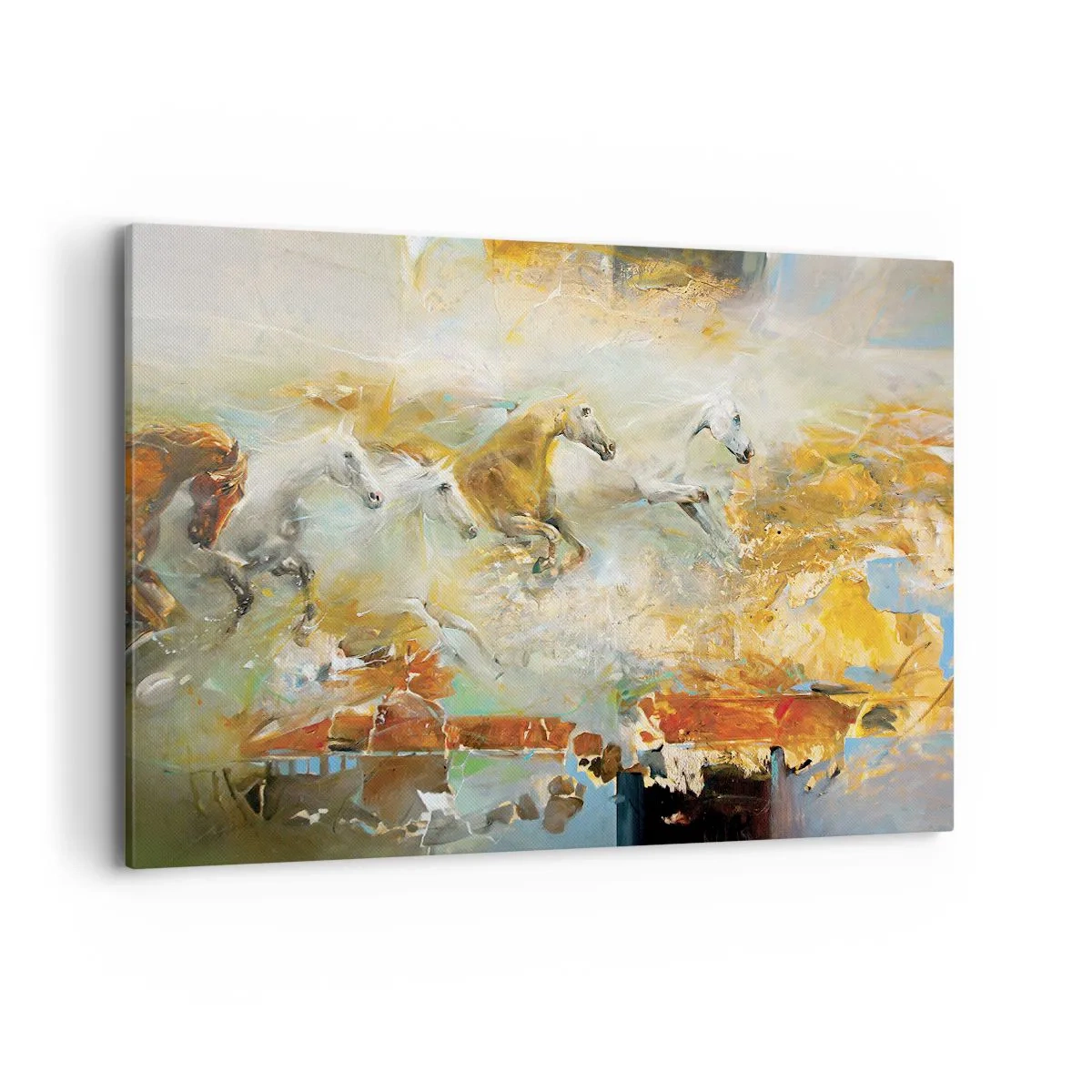 Bild auf Leinwand - Leinwandbild - Künstlerische Pferde in einer dynamischen, farbenfrohen Umgebung - 100x70cm - Im Galopp durch das Licht - Moderne Wanddekoration für Wohnzimmer und Schlafzimmer ARTTOR