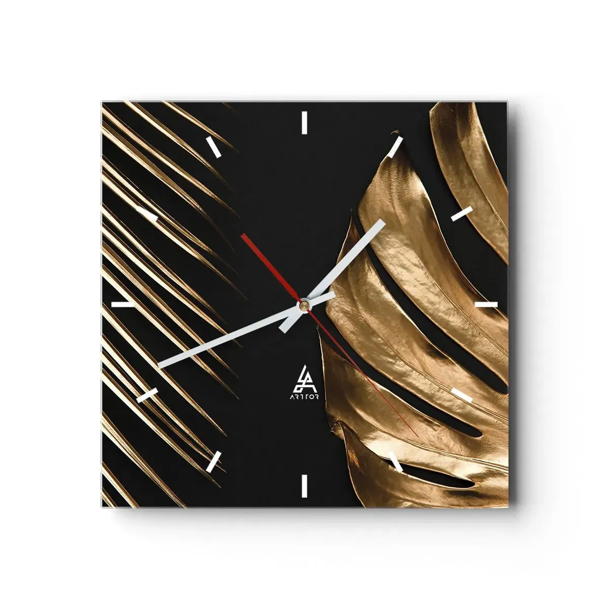 Wanduhr - Glasuhr - Goldene Blätter auf schwarzem Hintergrund - 30x30cm - Anders und genauso teuer - Moderne Wanddekoration für Wohnzimmer und Schlafzimmer ARTTOR