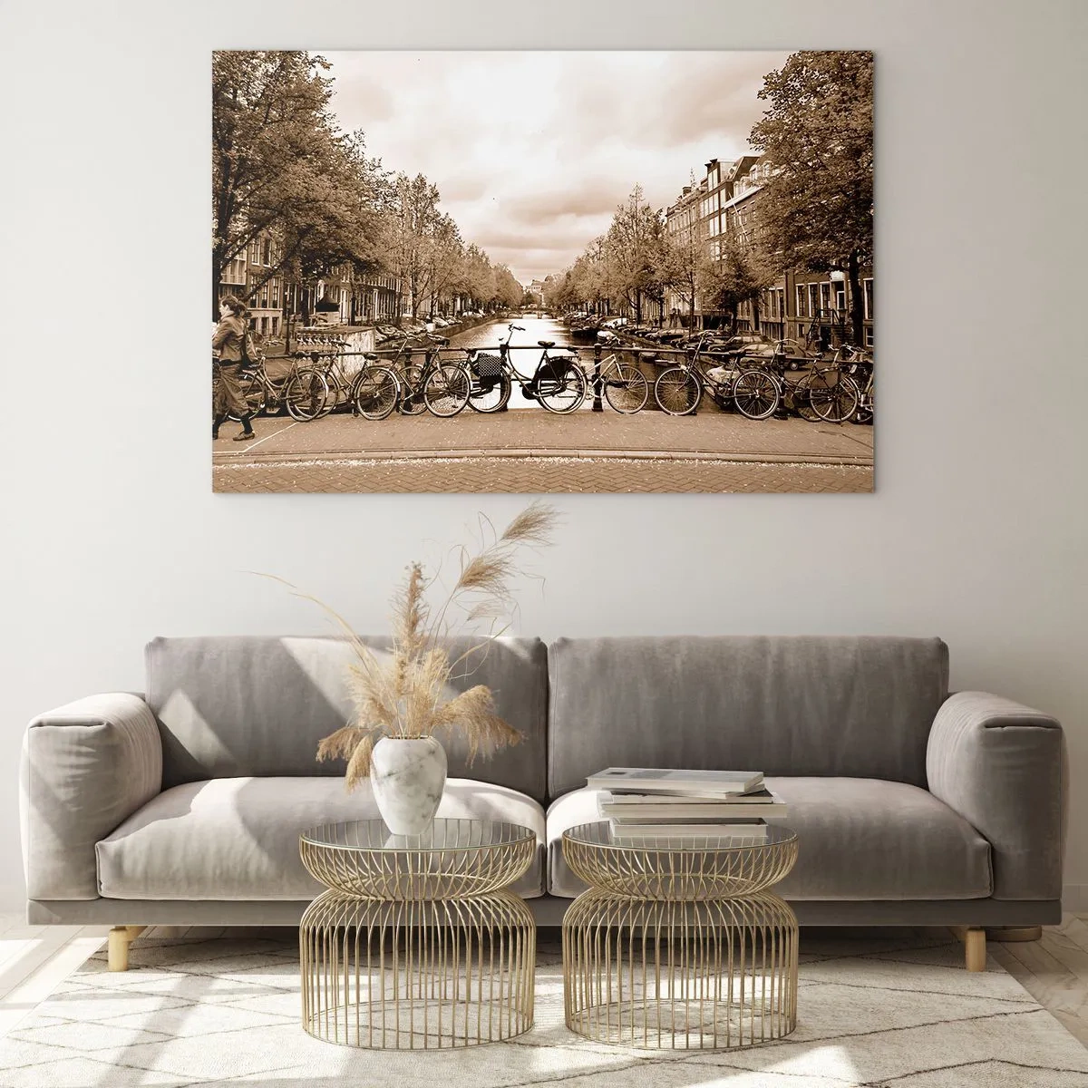 Glasbild - Bild auf glas - Amsterdamer Brücke mit Retro-Fahrrädern - 100x70cm - Niederländische Atmosphäre - Moderne Wanddekoration für Wohnzimmer und Schlafzimmer ARTTOR