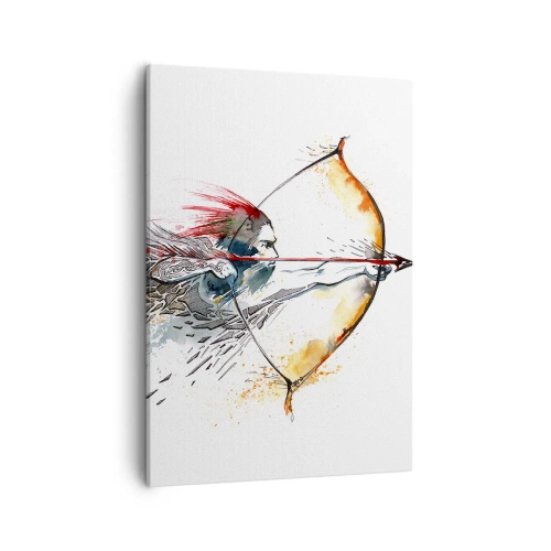 Bild auf Leinwand - Leinwandbild - Dynamisches Aquarell eines Kriegers mit Pfeil und Bogen - 50x70cm - Mythischer Krieger mit feurigem Bogen - Moderne Wanddekoration für Wohnzimmer und Schlafzimmer ARTTOR