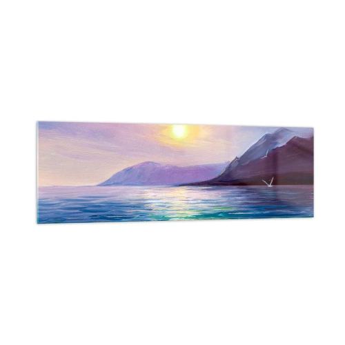 Glasbild - Bild auf glas - Eine malerische Meereslandschaft bei Sonnenuntergang mit Wellen und Bergen - 160x50cm - Wasser- und Luftkristall - Moderne Wanddekoration für Wohnzimmer und Schlafzimmer ARTTOR